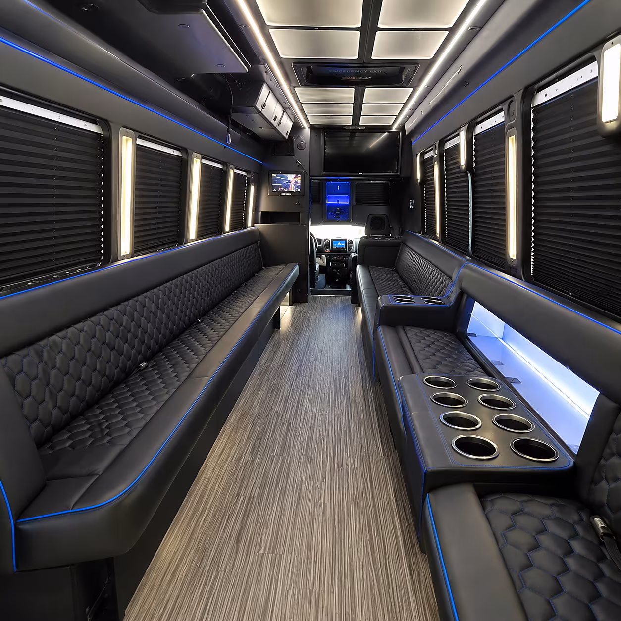 Passenger seating aboard a party bus rental serving Baltimore